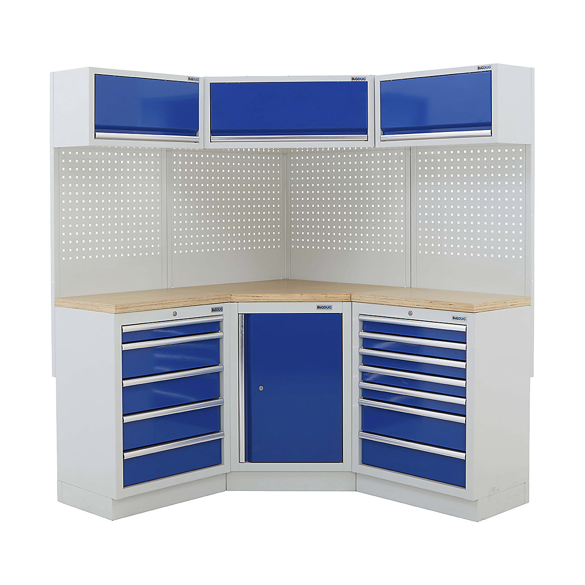 BiGDUG 21 Piece Corner Drawer Cabinet Storage System, BiGDUG 21 Piece Corner Drawer Cabinet Storage System, BiGDUG | Corner Storage System | Central Cupboard | 5 Drawer Cabinet | 7 Drawer Cabinet | 4x Back Panel | 3x Wall Cupboard | Grey Housing | Blue Doors | Multiplex Worktop-1