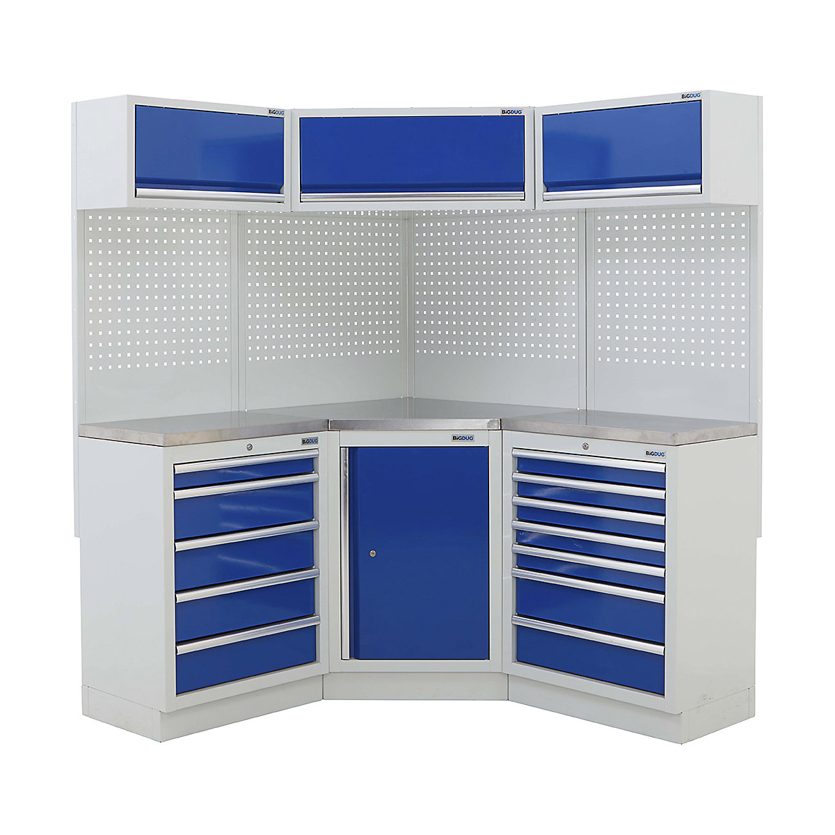 BiGDUG 21 Piece Corner Drawer Cabinet Storage System, BiGDUG 21 Piece Corner Drawer Cabinet Storage System, BiGDUG | Corner Storage System | Central Cupboard | 5 Drawer Cabinet | 7 Drawer Cabinet | 4x Back Panel | 3x Wall Cupboard | Grey Housing | Blue Doors | Stainless Worktop-2