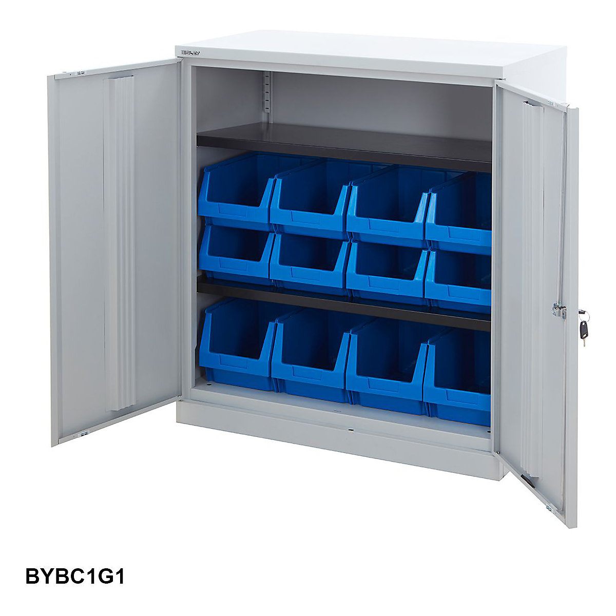 Small Bisley Workplace Cupboards With Plastic Parts Bins, Small Bisley Workplace Cupboards With Plastic Parts Bins, Bisley Steel Workplace Cupboard | 1000h x 914w x 470d mm | Grey Doors | With 8x B54, 4x B55 Plastic Parts Bins-1