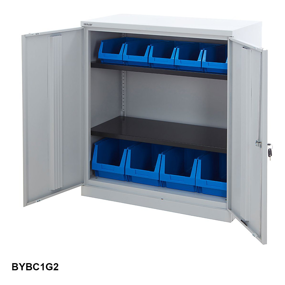Small Bisley Workplace Cupboards With Plastic Parts Bins, Small Bisley Workplace Cupboards With Plastic Parts Bins, Bisley Steel Workplace Cupboard | 1000h x 914w x 470d mm | Grey Doors | With 5x B53, 4x B55 Plastic Parts Bins-2