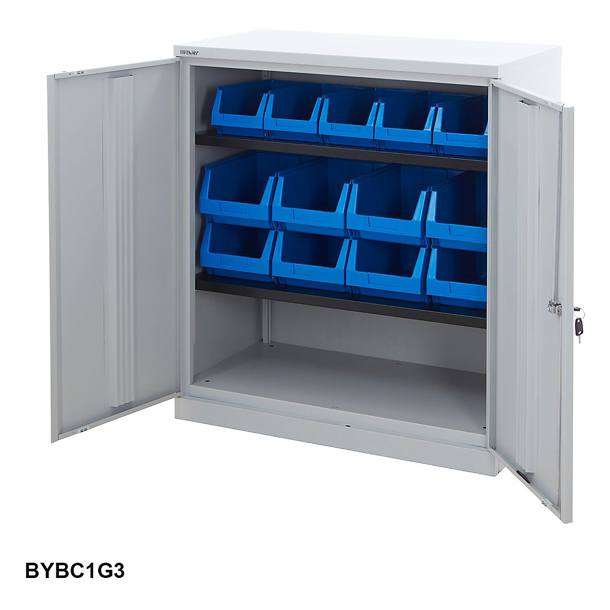 Small Bisley Workplace Cupboards With Plastic Parts Bins, Small Bisley Workplace Cupboards With Plastic Parts Bins, Bisley Steel Workplace Cupboard | 1000h x 914w x 470d mm | Grey Doors | With 5x B53, 8x B54 Plastic Parts Bins-3
