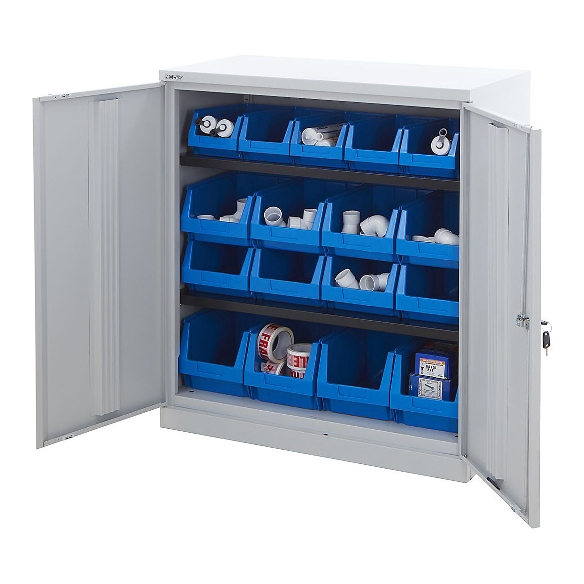 Small Bisley Workplace Cupboards With Plastic Parts Bins