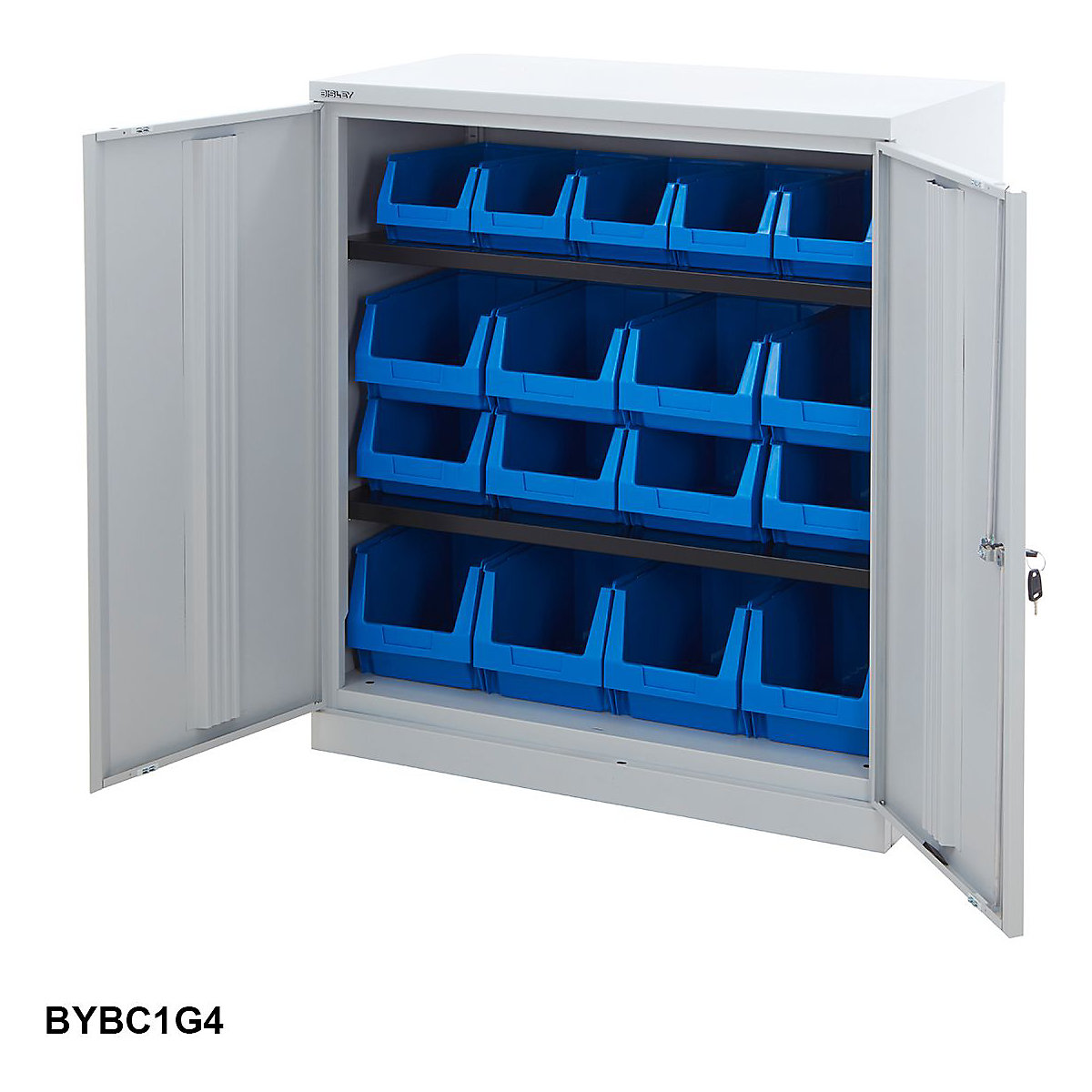 Small Bisley Workplace Cupboards With Plastic Parts Bins, Small Bisley Workplace Cupboards With Plastic Parts Bins, Bisley Steel Workplace Cupboard | 1000h x 914w x 470d mm | Grey Doors | With 5x B53, 8x B54, 4x B55 Plastic Parts Bins-4