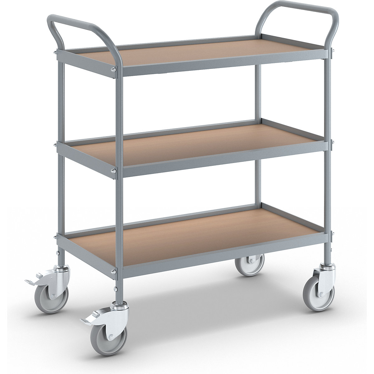 Serving trolley – eurokraft pro, shelf height 250 mm, 3 shelves, with 4 swivel castors, 2 with double stops, wheel Ø 100 mm-3