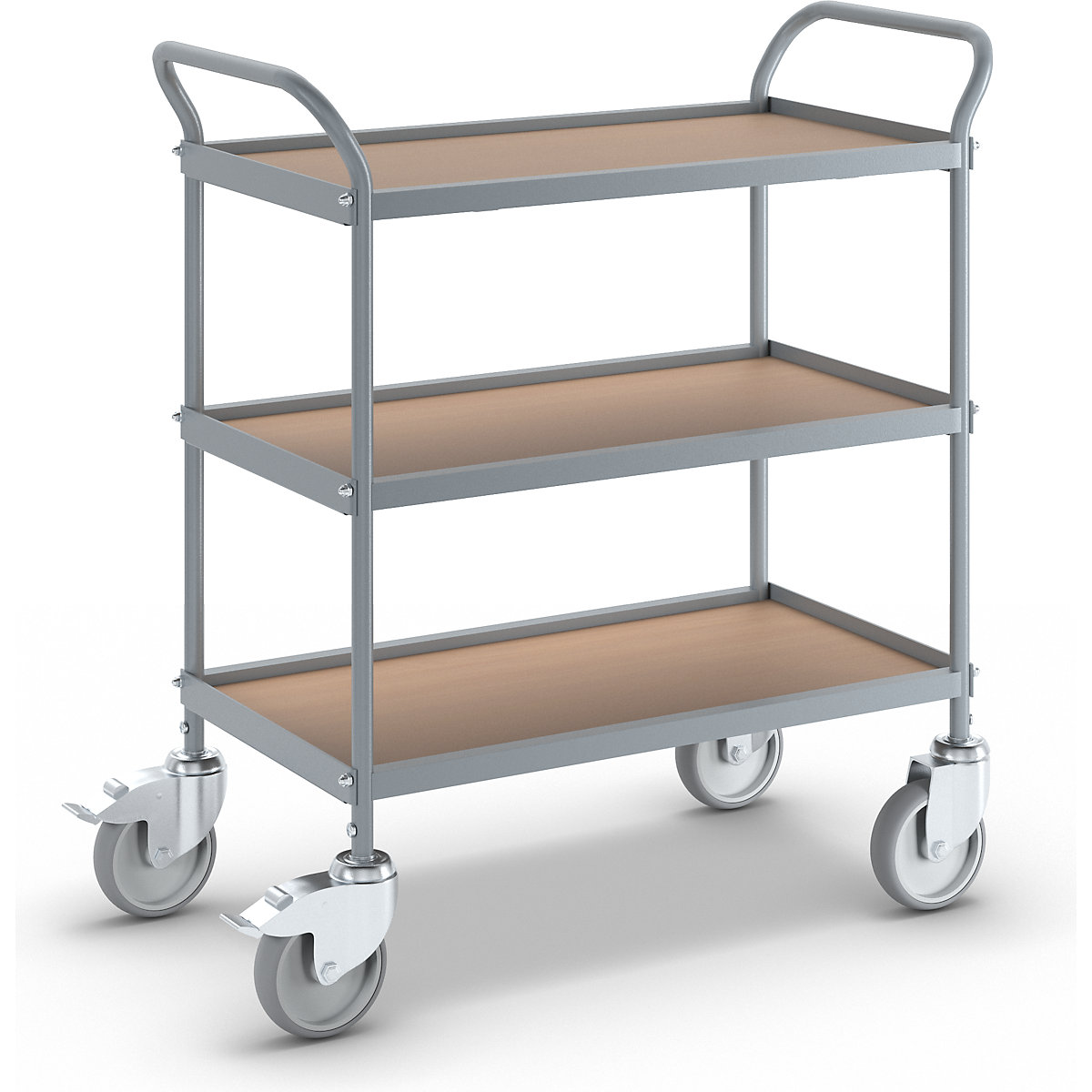 Serving trolley – eurokraft pro, shelf height 250 mm, 3 shelves, with 4 swivel castors, 2 with double stops, wheel Ø 125 mm-8
