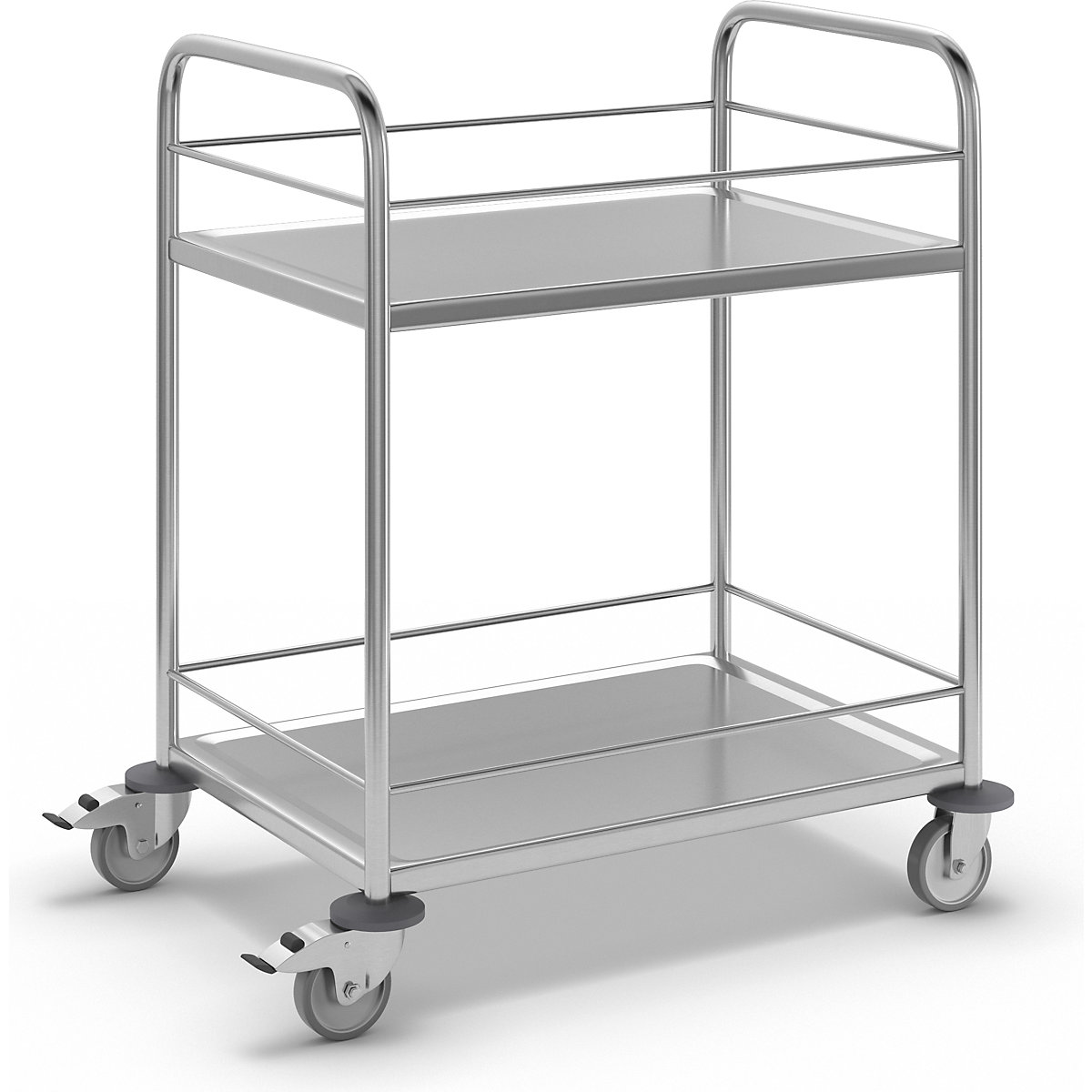 Stainless steel serving trolley – Kongamek, LxWxH 910 x 590 x 940 mm, with 2 shelves and raised edge-9