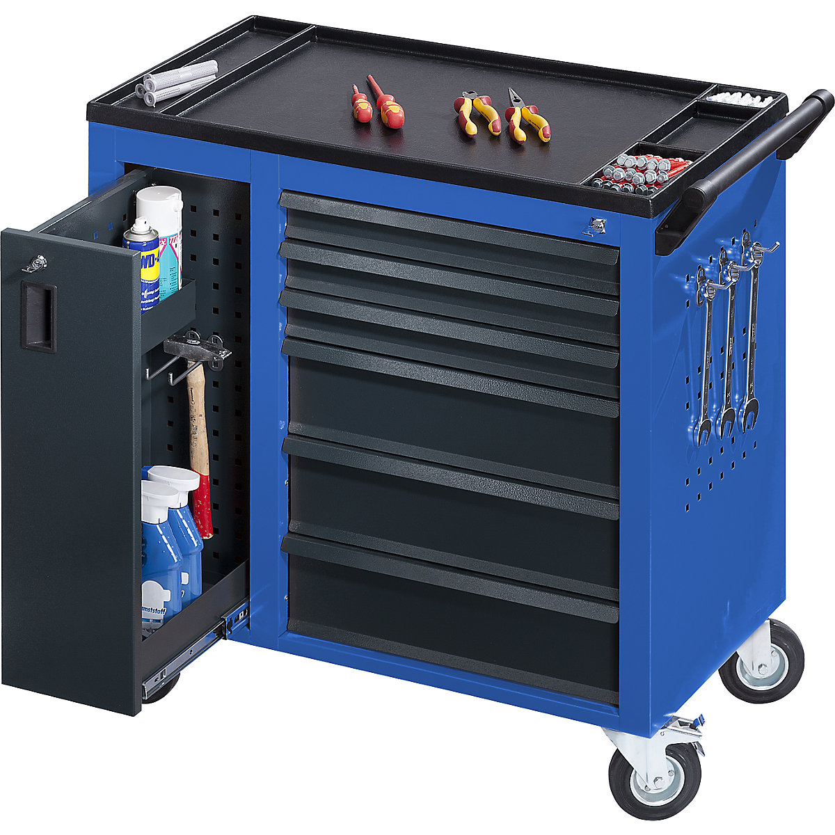 JUMBO workshop trolley – eurokraft pro, with vertical drawers and 6 drawers, HxWxD 935 x 900 x 460 mm, gentian blue-9