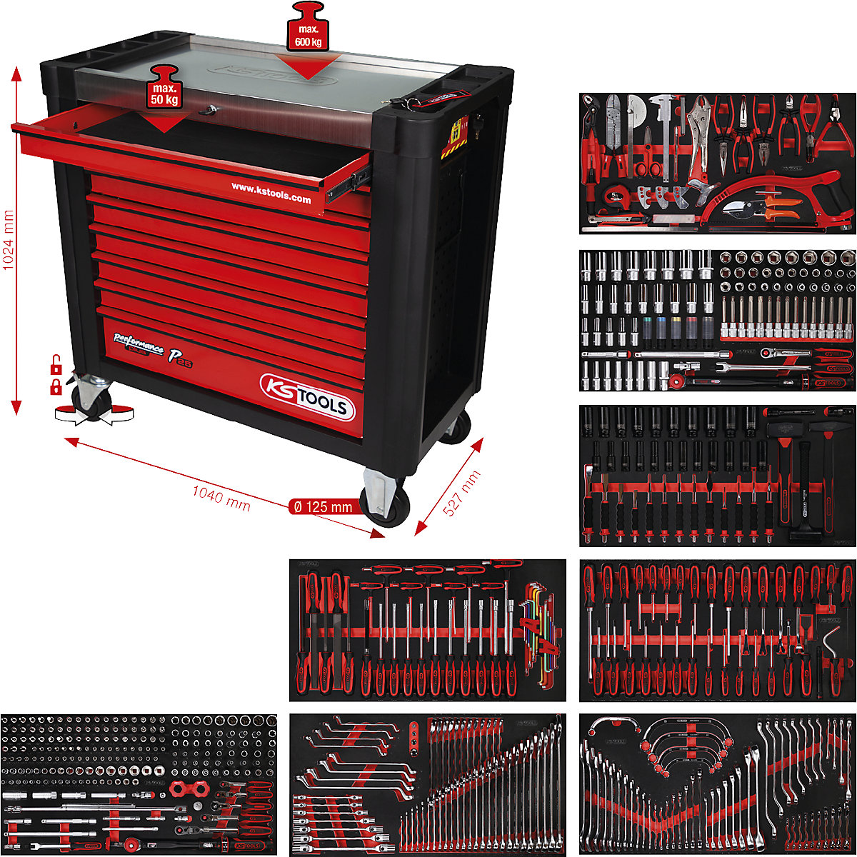 PERFORMANCE PLUS workshop trolley with tools – KS Tools: P25, with 564 tools