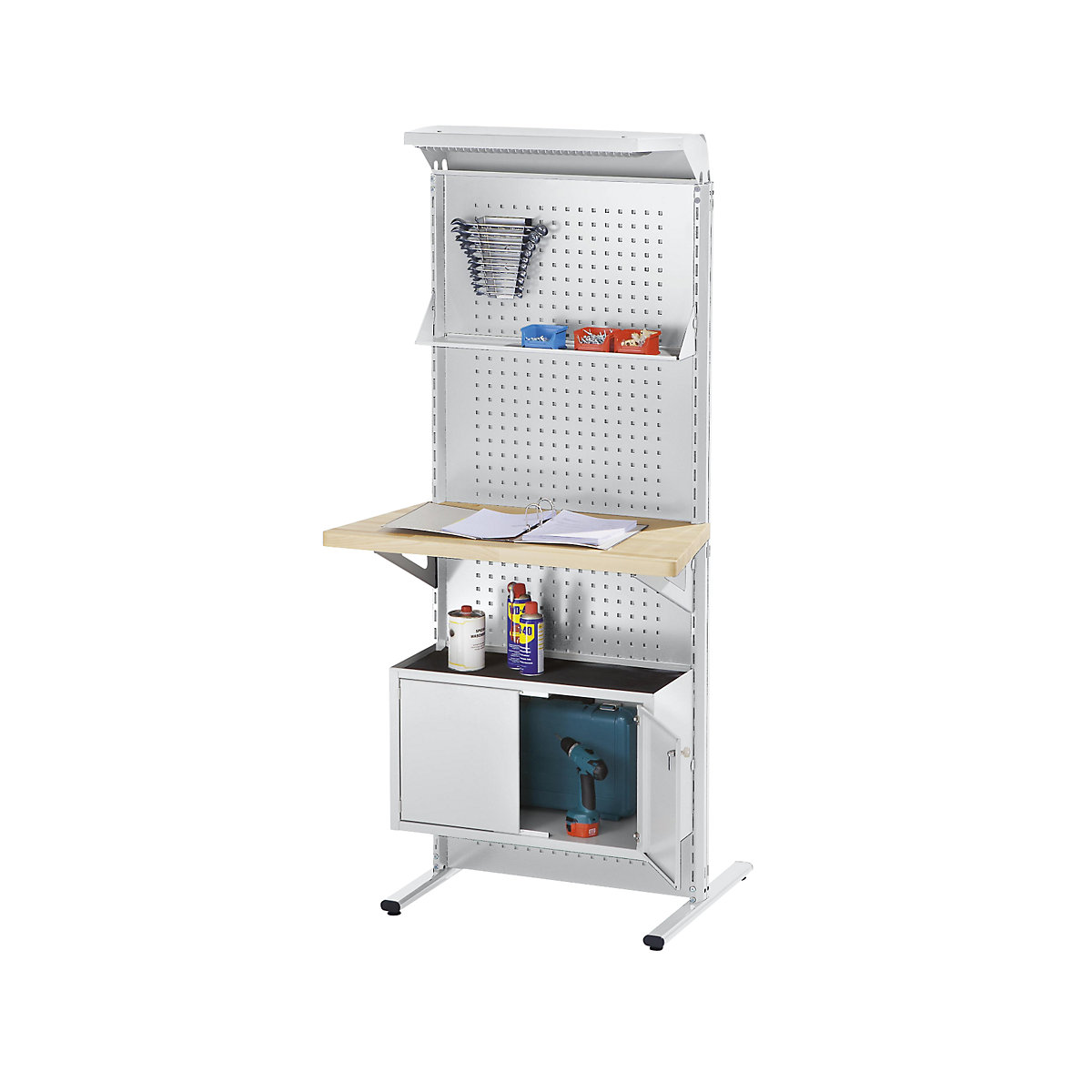 Tool and assembly trolley – ANKE, with double door cupboard, light grey RAL 7035-2