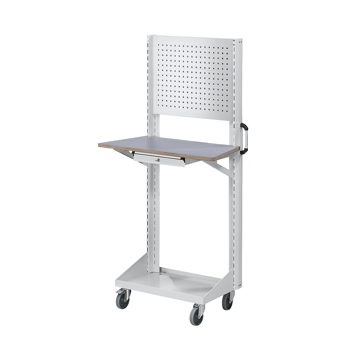 Tool and assembly trolley – ANKE, with perforated panel, worktop, drawer, grey-3