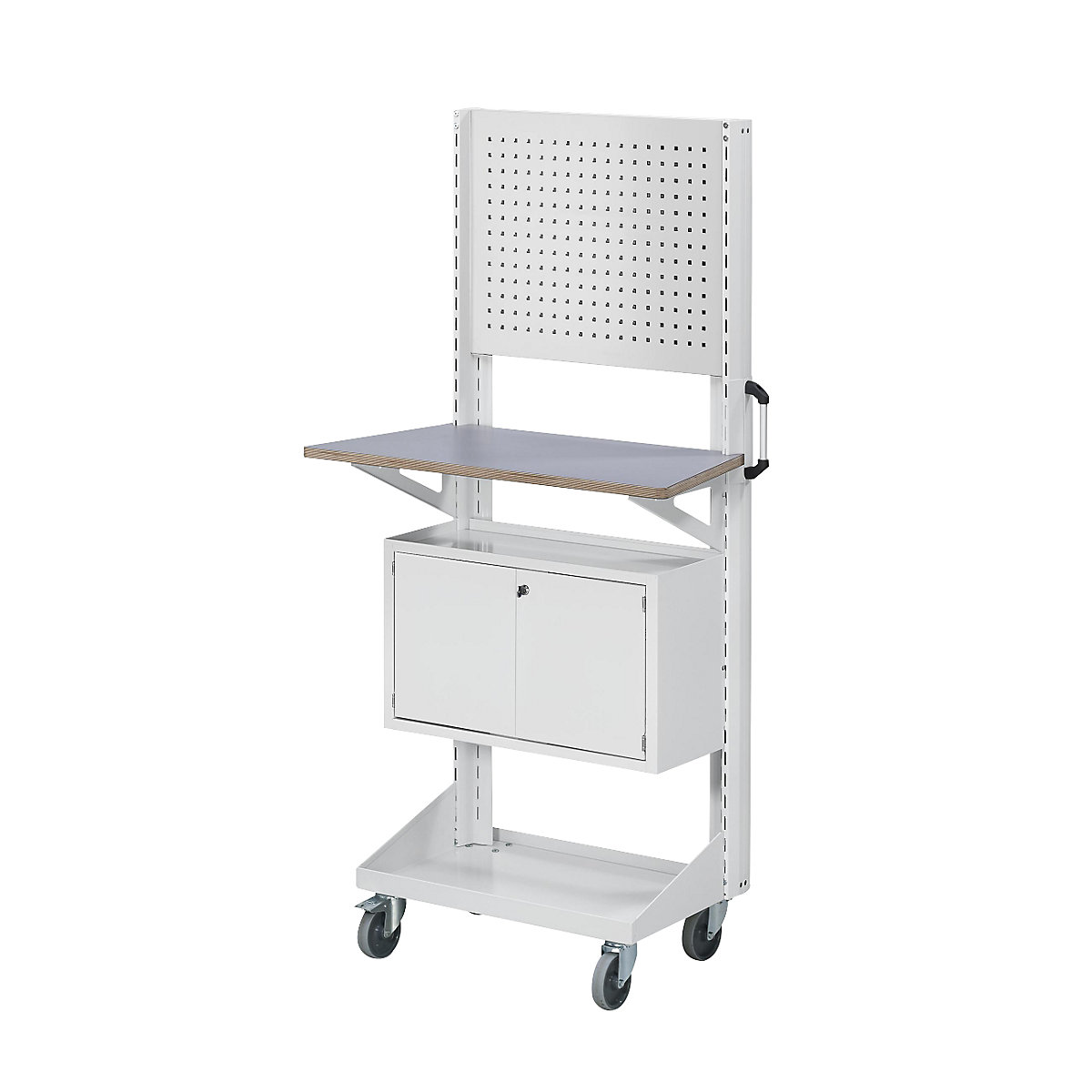 Tool and assembly trolley – ANKE, with perforated panel, worktop, cupboard, grey-3