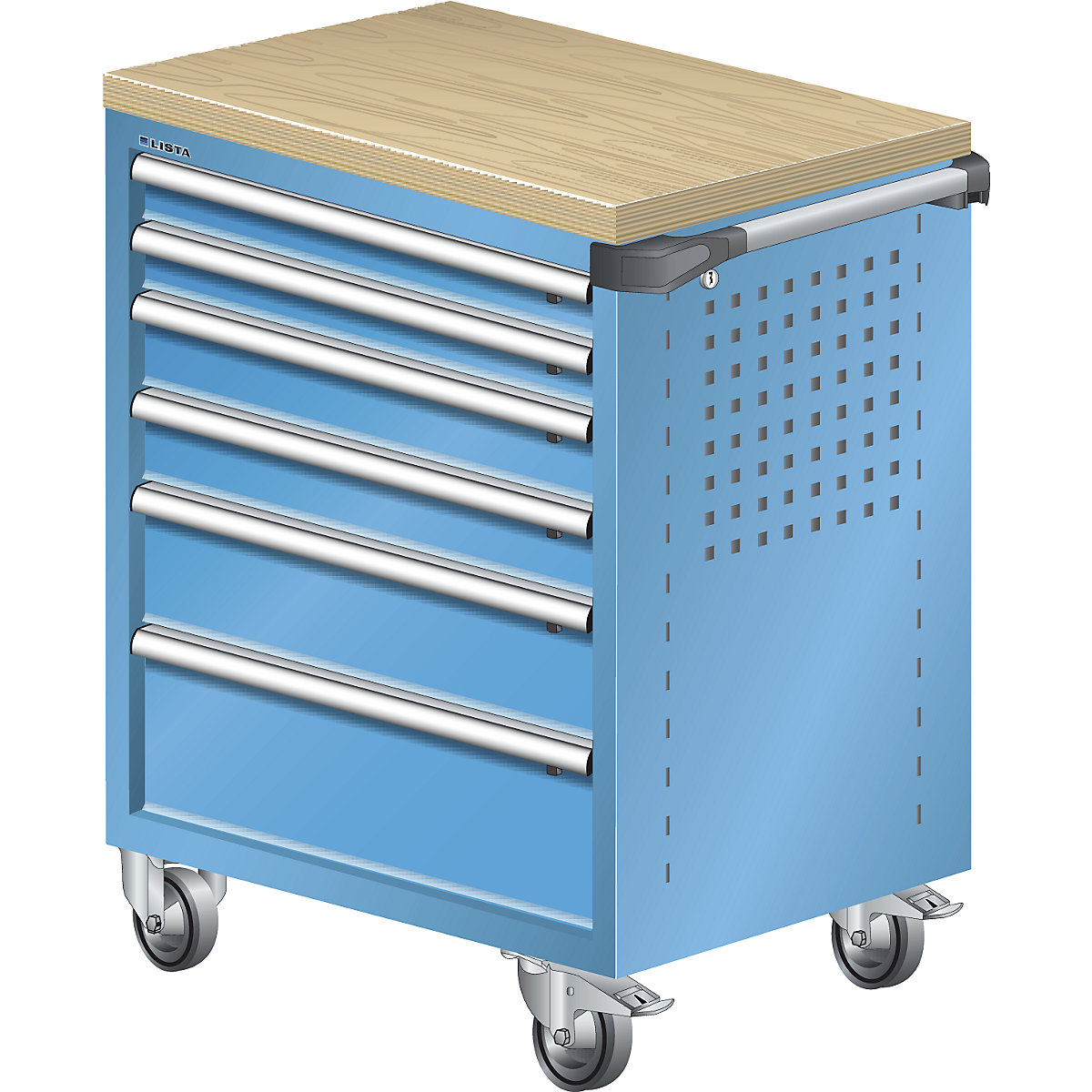 Workshop trolley – LISTA, with multiplex wooden cover 40 mm, 6 drawers, blue-3