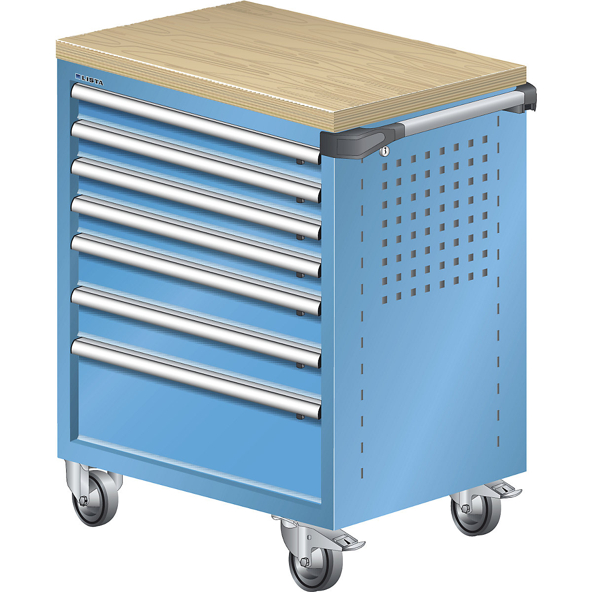Workshop trolley – LISTA, with multiplex wooden cover 40 mm, 7 drawers, blue-2