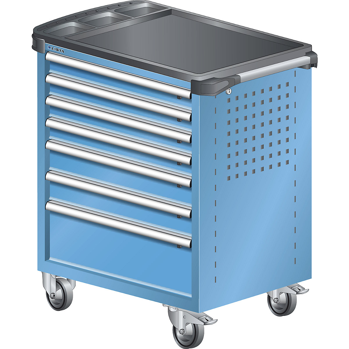 Workshop trolley – LISTA, with plastic cover, 7 drawers, blue-3