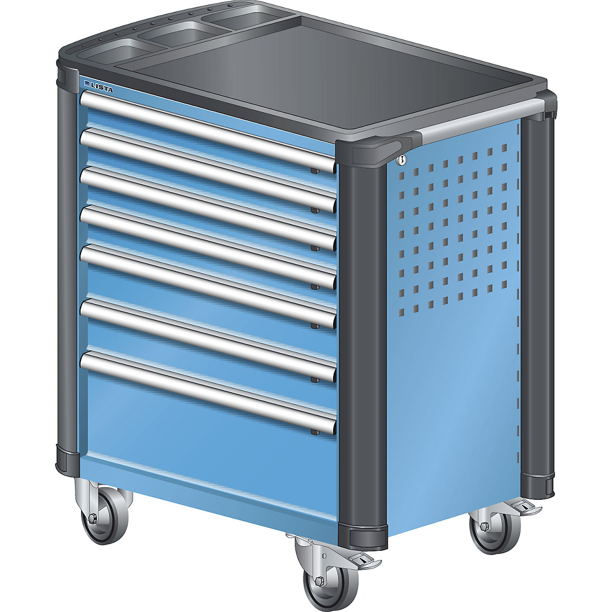 Workshop trolley – LISTA, with plastic cover and edge protection strips, 7 drawers, blue-3