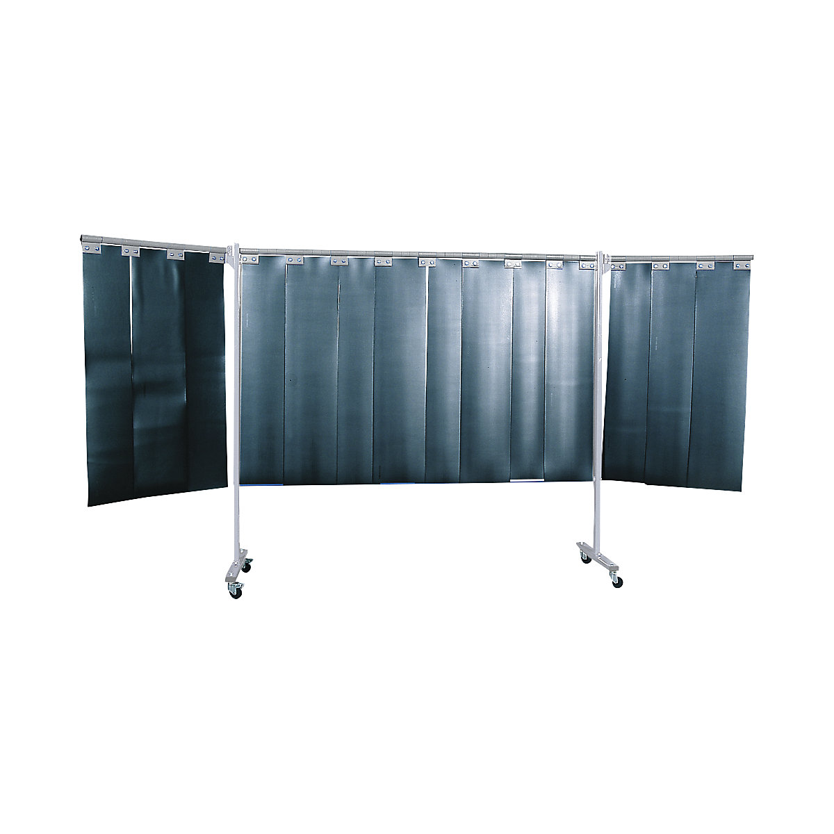 Mobile welding protection screen, 3-part model, HxW 1930 x 3800 mm, with lamellar curtain, dark green