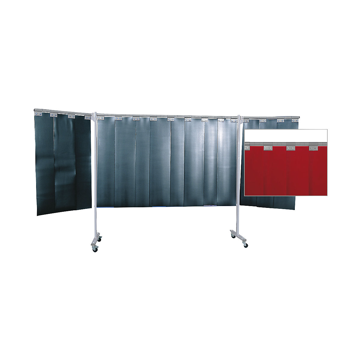 Mobile welding protection screen, 3-part model, HxW 1930 x 3800 mm, with lamellar curtain, red