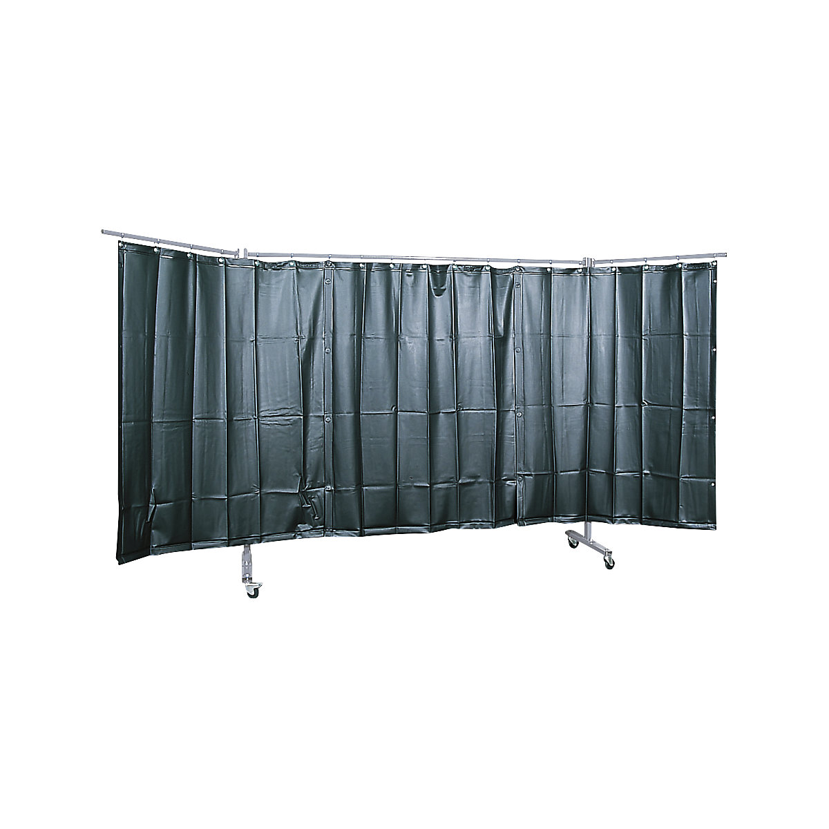 Mobile welding protection screen, 3-part model, HxW 1930 x 3800 mm, with welding protection film, dark green