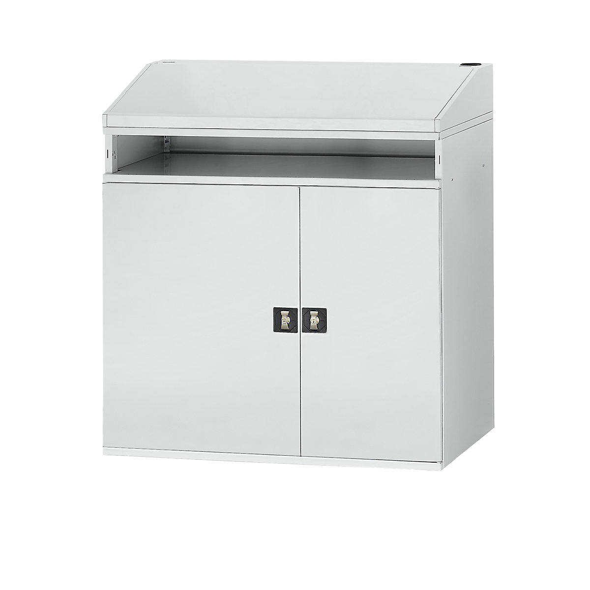 Industrial pedestal desk – RAU, with open compartment above the cupboard, width 1100 mm, light grey-4