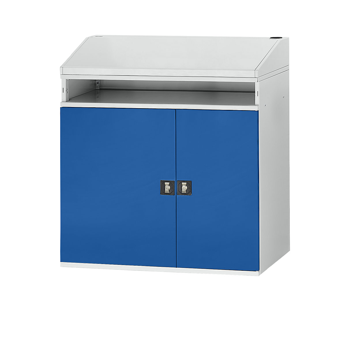 Industrial pedestal desk – RAU, with open compartment above the cupboard, width 1100 mm, light grey / gentian blue-2