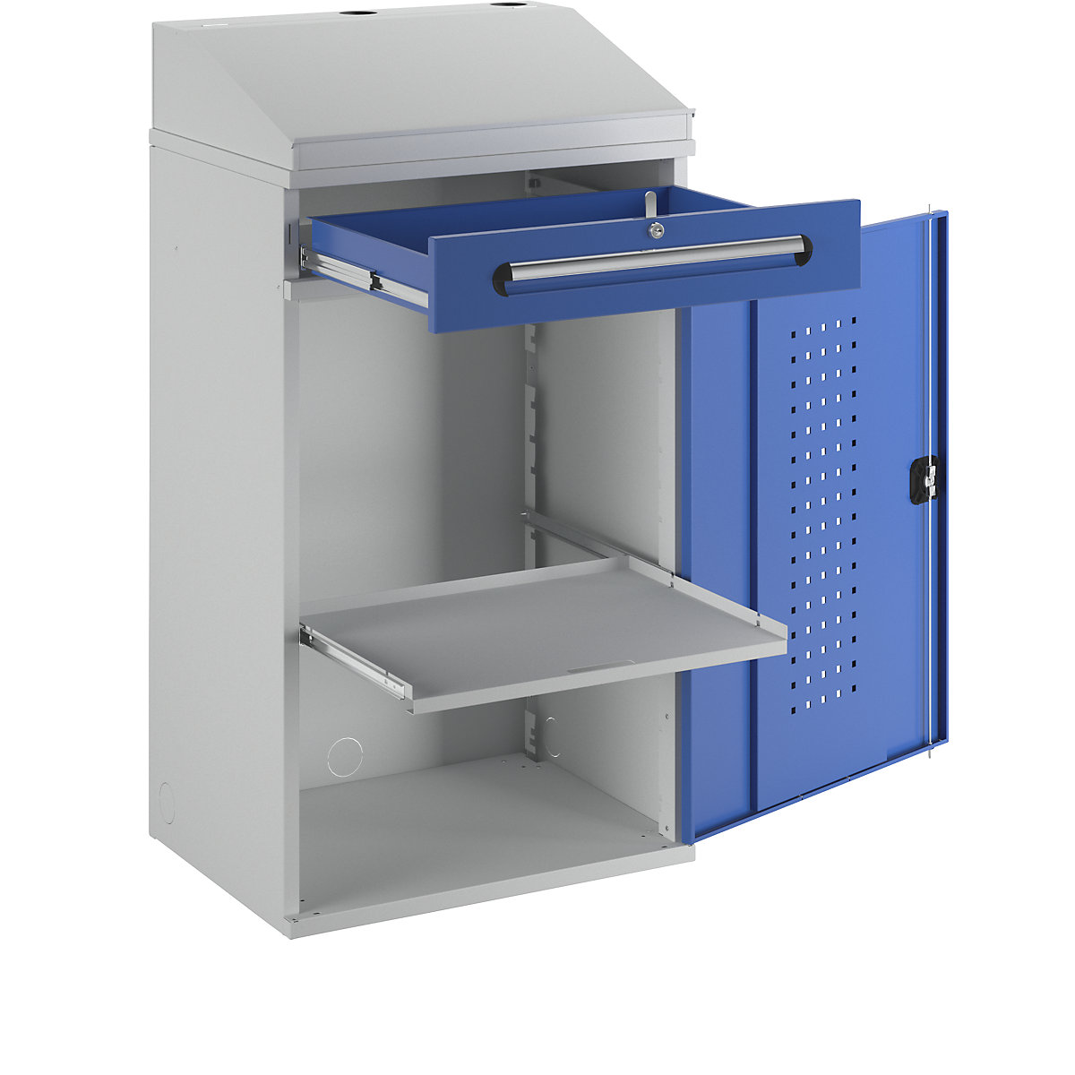 Industrial pedestal desk – RAU, with 1 drawer above the cupboard, width 650 mm, light grey / gentian blue-3