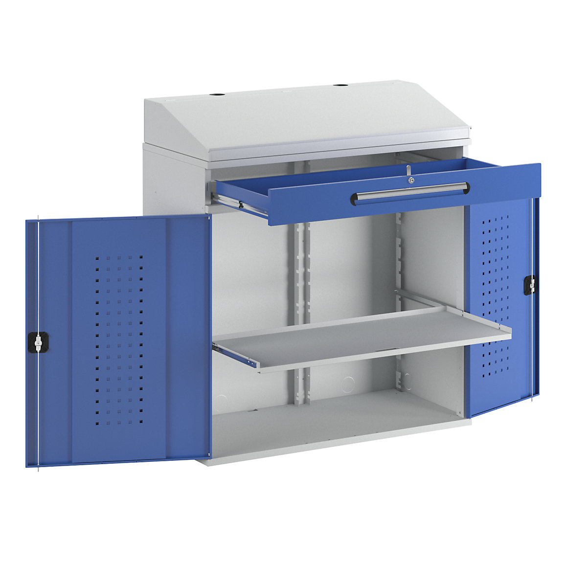 Industrial pedestal desk – RAU, with 1 drawer above the cupboard, width 1100 mm, light grey / gentian blue-4