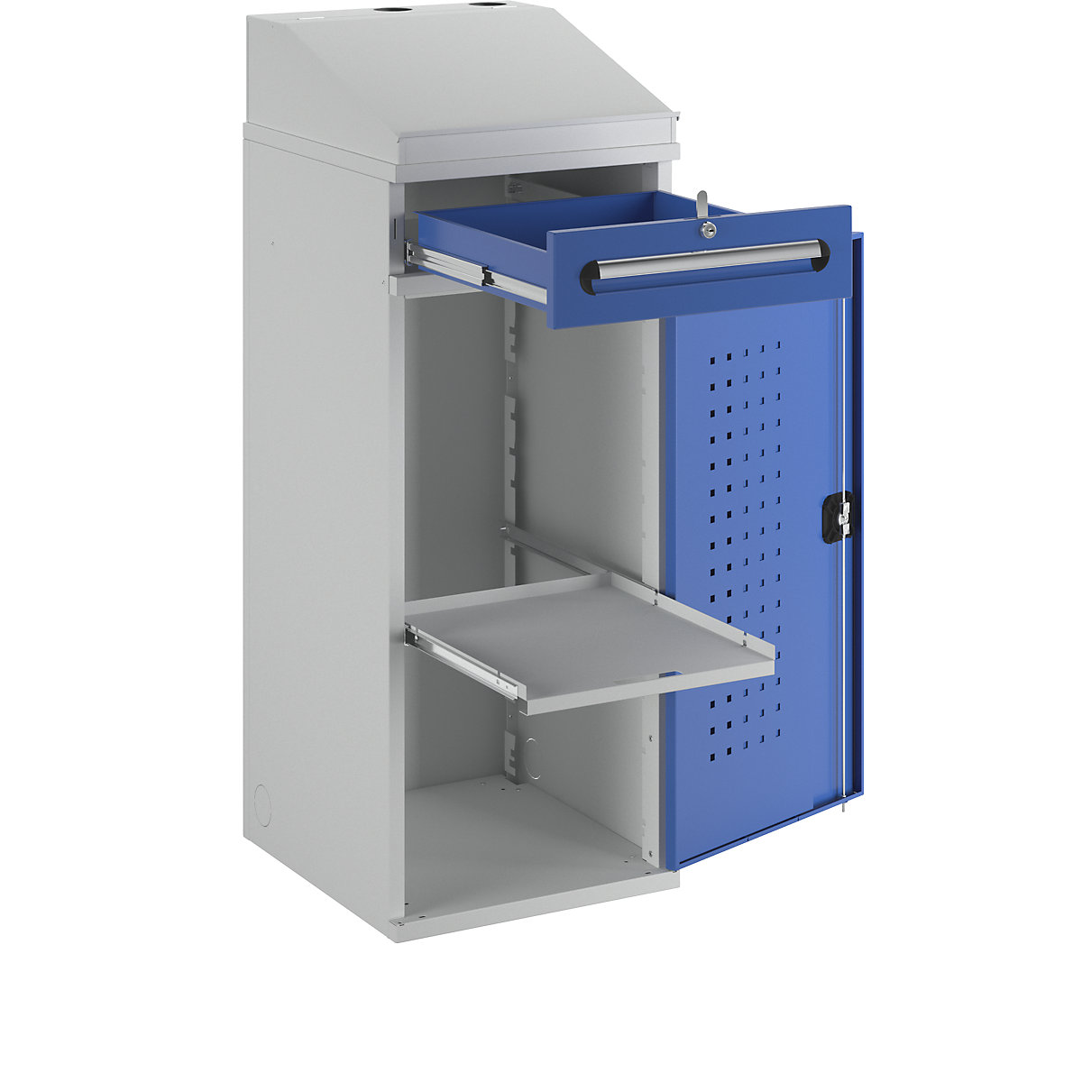 Industrial pedestal desk – RAU, with 1 drawer above the cupboard, width 450 mm, light grey / gentian blue-6
