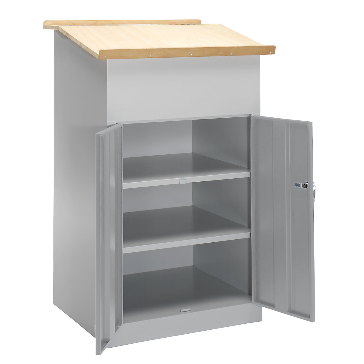Industrial pedestal desk – Pavoy, with double door cupboard, light grey-4