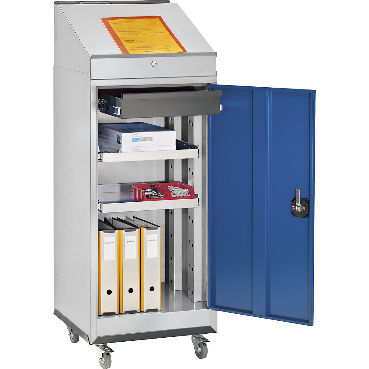 Mobile workstation – eurokraft pro, comprised of a tool cupboard, pedestal desk and wheeled base, gentian blue door-9