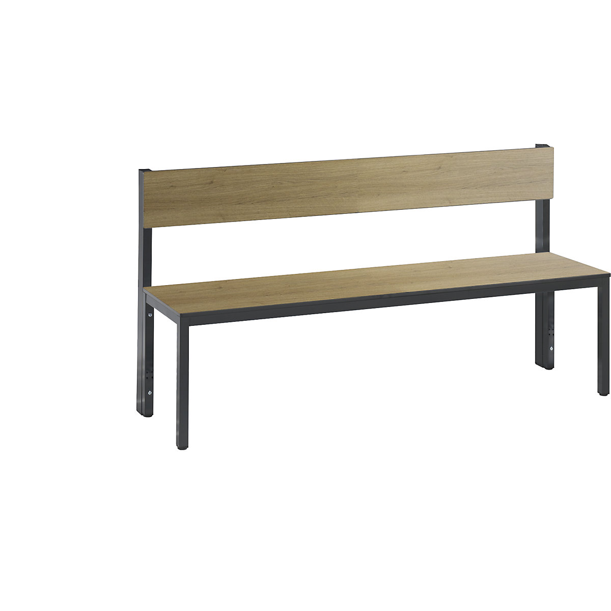 Ławka do szatni BASIC PLUS, jednostronna – C+P, powierzchnia do siedzenia z HPL, średniej wysokości, dł. 1500 mm, imit. dębu-9