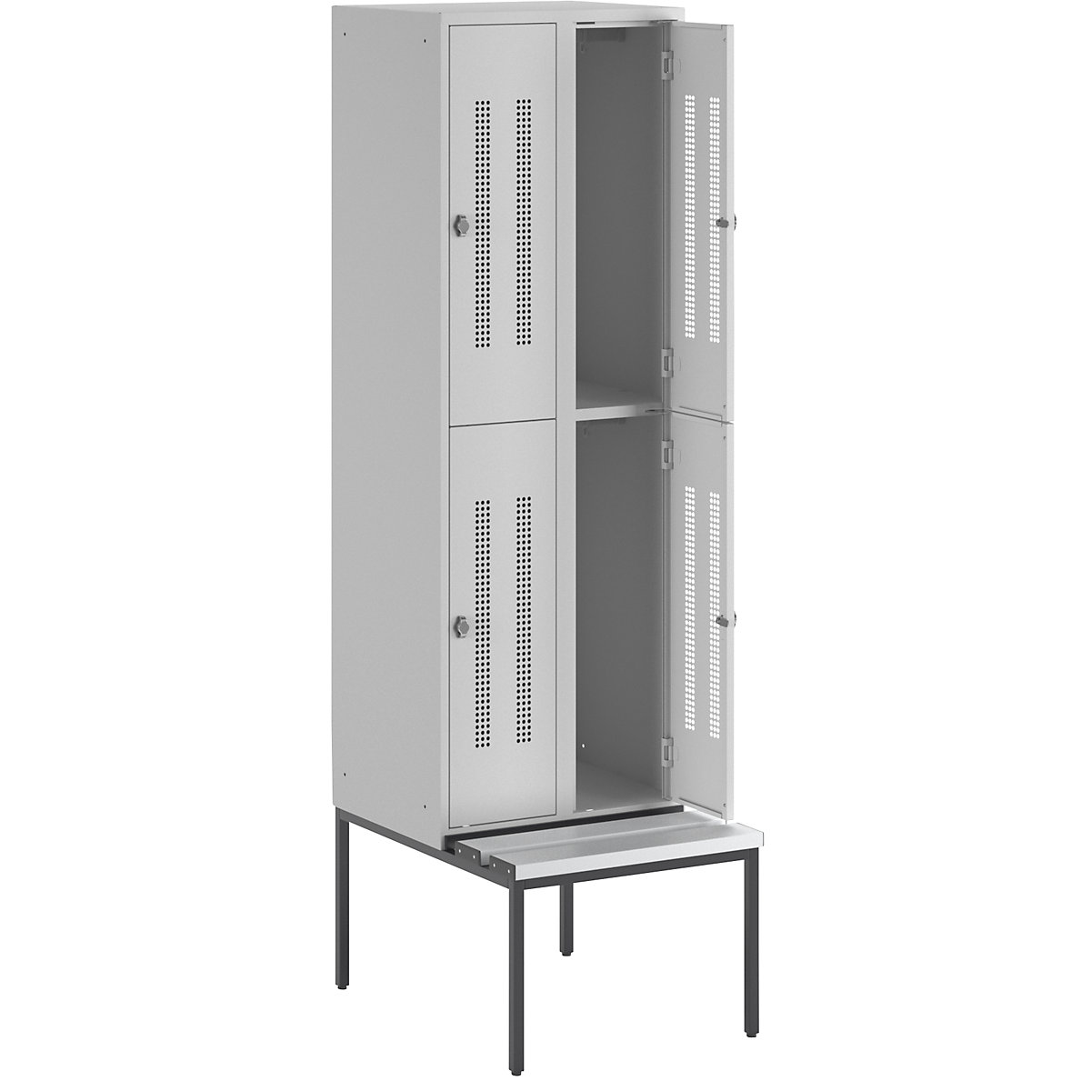 Dwupoziomowa szafka Berlin 1 na ławeczce – Wolf, 2 przedziały, jasnoszara, szer. 600 mm, 4 schowki-21