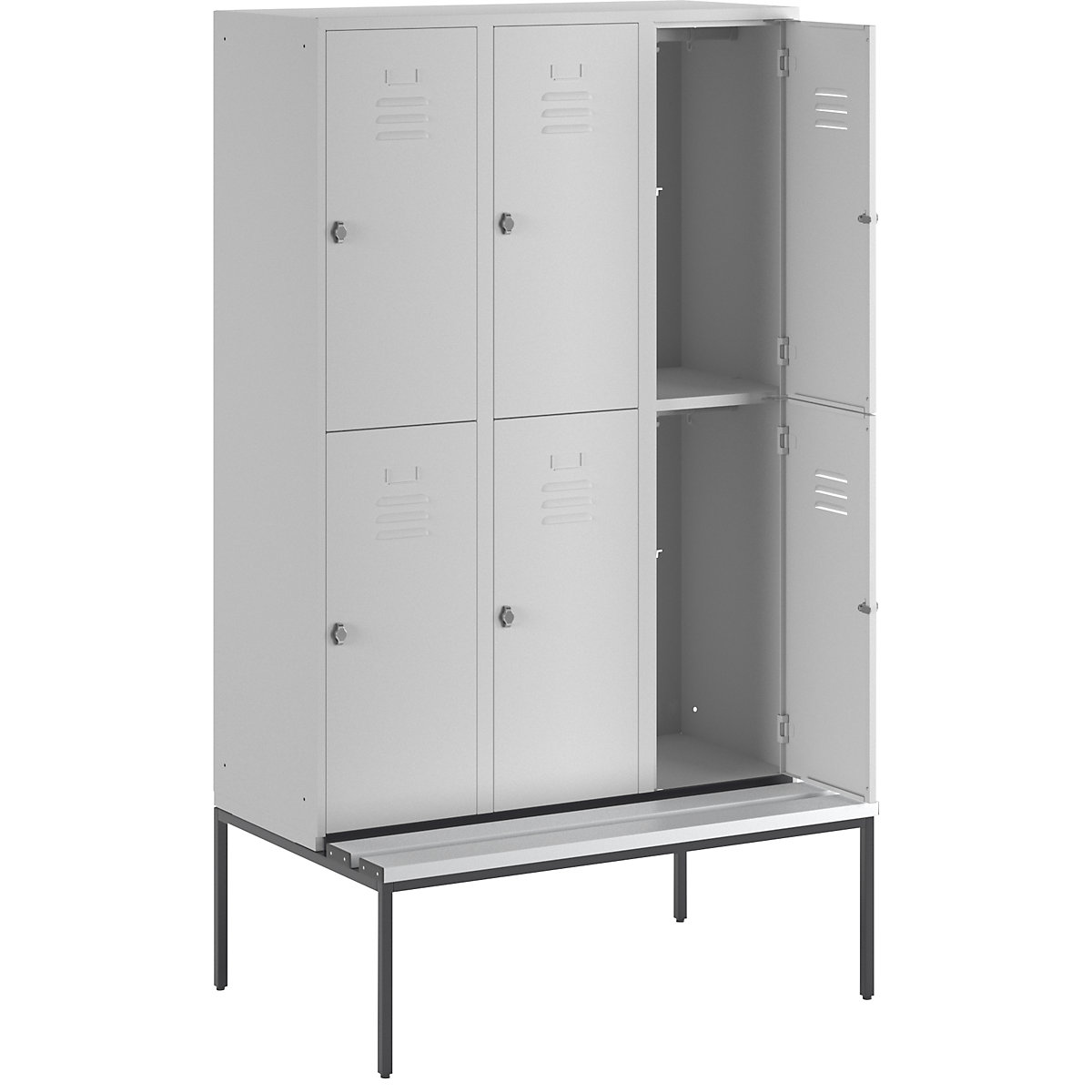 Dwupoziomowa szafka Berlin 2 na ławeczce – Wolf, 3 przedziały, jasnoszara, szer. 1200 mm, 6 schowków-7