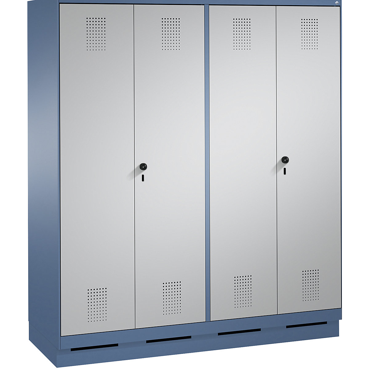 Szafa szatniowa EVOLO, drzwi zamykane do siebie – C+P, 4 przedziały, szer. przedziału 400 mm, z cokołem, niebiesko-mglista / biały aluminium-9