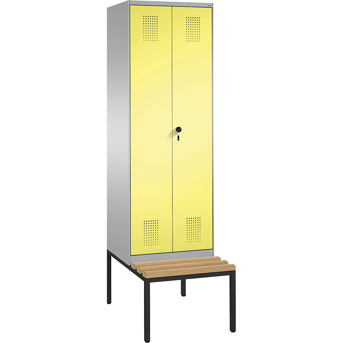 Szafa szatniowa EVOLO, drzwi zamykane do siebie, z ławką – C+P, 2 przedziały, szer. przedziału 300 mm, biały aluminium / żółta siarkowa-15