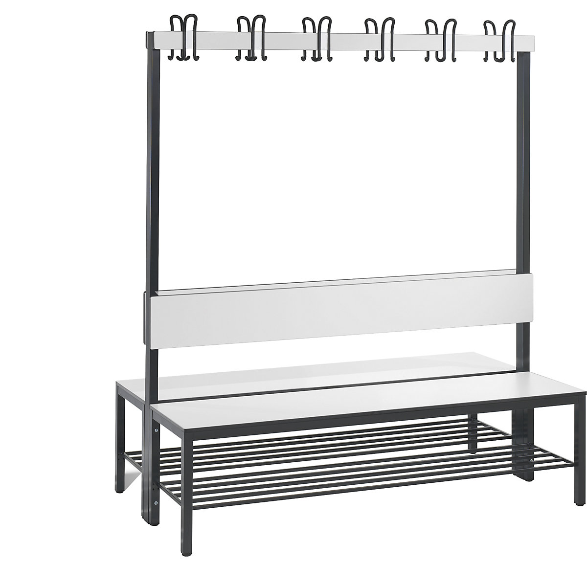 Šatnová lavice BASIC PLUS, oboustranná – C+P, plocha sedáku z HPL, lišta s háky, rošt na obuv, délka 1500 mm, bílá-9