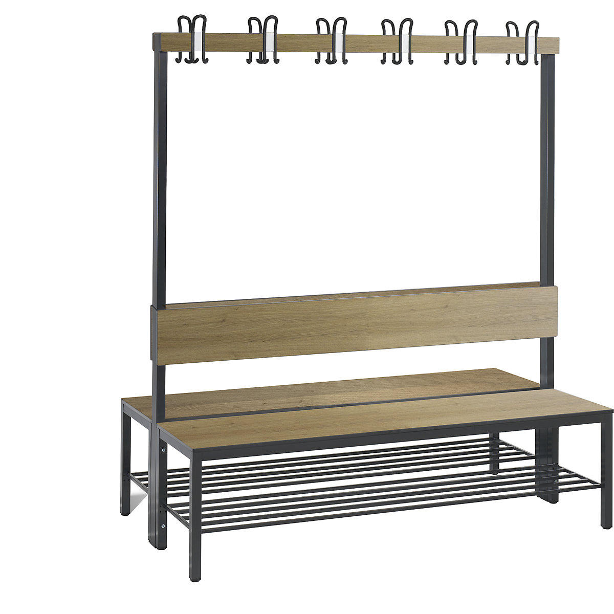 Šatnová lavice BASIC PLUS, oboustranná – C+P, plocha sedáku z HPL, lišta s háky, rošt na obuv, délka 1500 mm, dekor dub-6