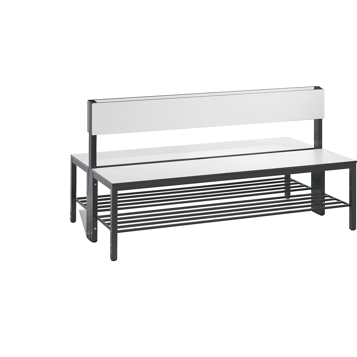 Šatnová lavice BASIC PLUS, oboustranná – C+P, plocha sedáku z HPL, poloviční výška, rošt na obuv, délka 1500 mm, bílá-6