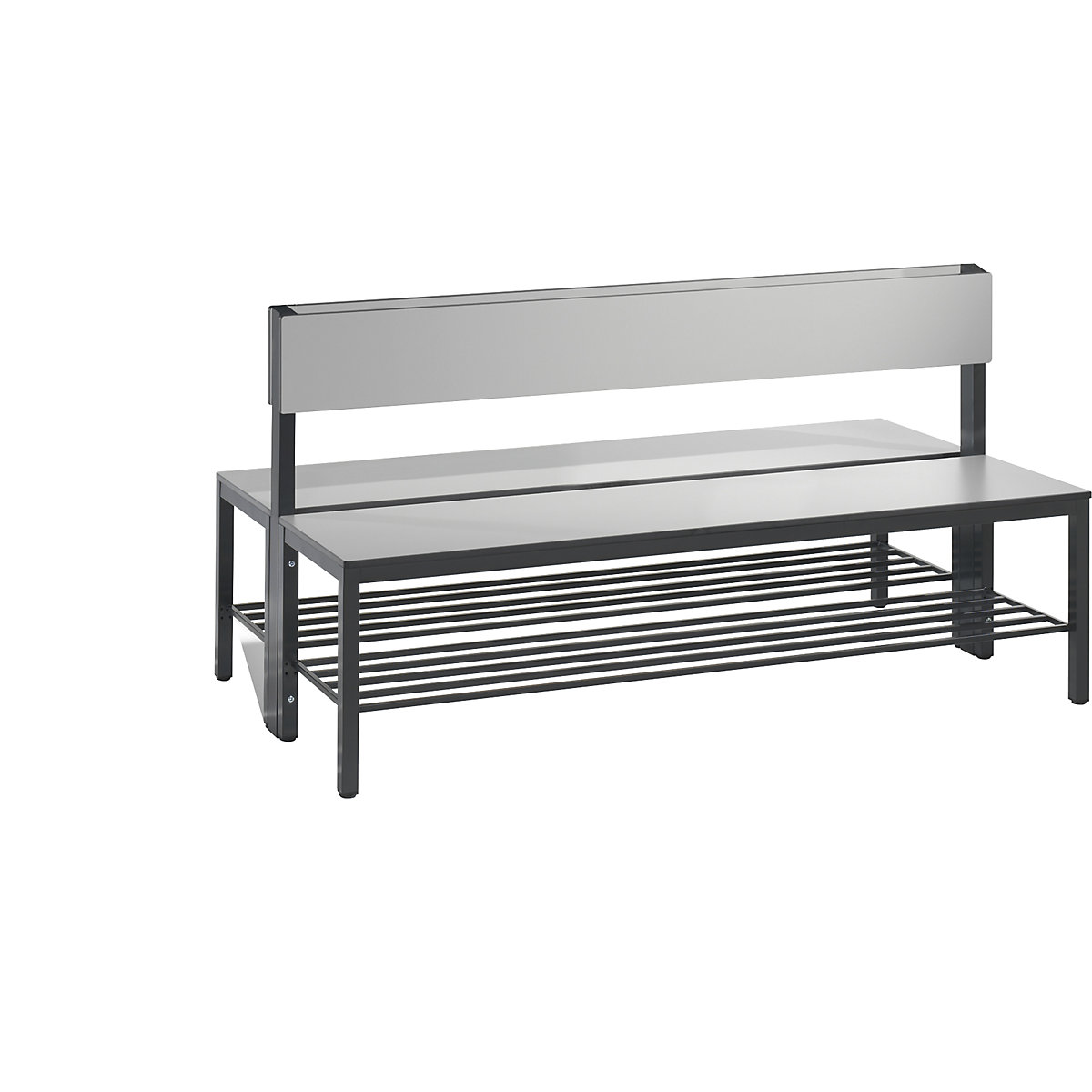Šatnová lavice BASIC PLUS, oboustranná – C+P, plocha sedáku z HPL, poloviční výška, rošt na obuv, délka 1500 mm, stříbrošedá-4