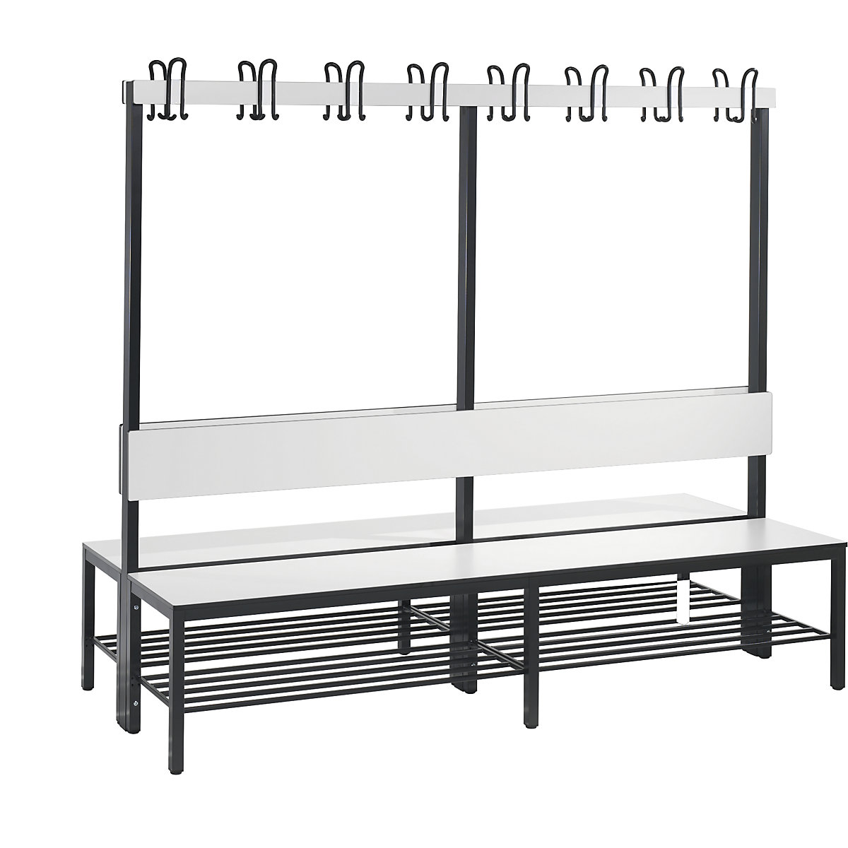 Šatnová lavice BASIC PLUS, oboustranná – C+P, plocha sedáku z HPL, lišta s háky, rošt na obuv, délka 1960 mm, bílá-1
