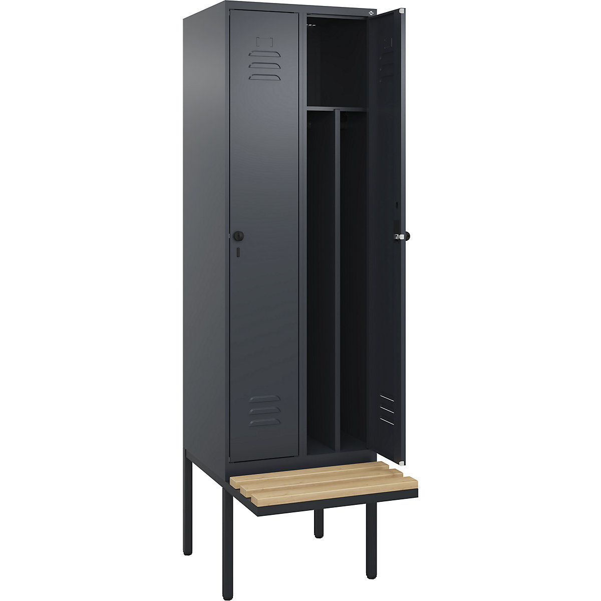 Dělená skříňka na soukromé a pracovní oděvy Classic PLUS s lavicí, úzká – C+P