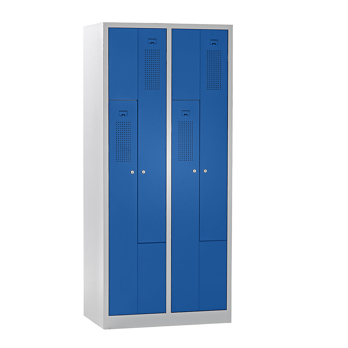 Šatní Z-skříň AMSTERDAM – eurokraft basic, šířka 800 mm, 2 oddíly, 4 dveře, barva dveří hořcově modrá, barva korpusu světle šedá-4