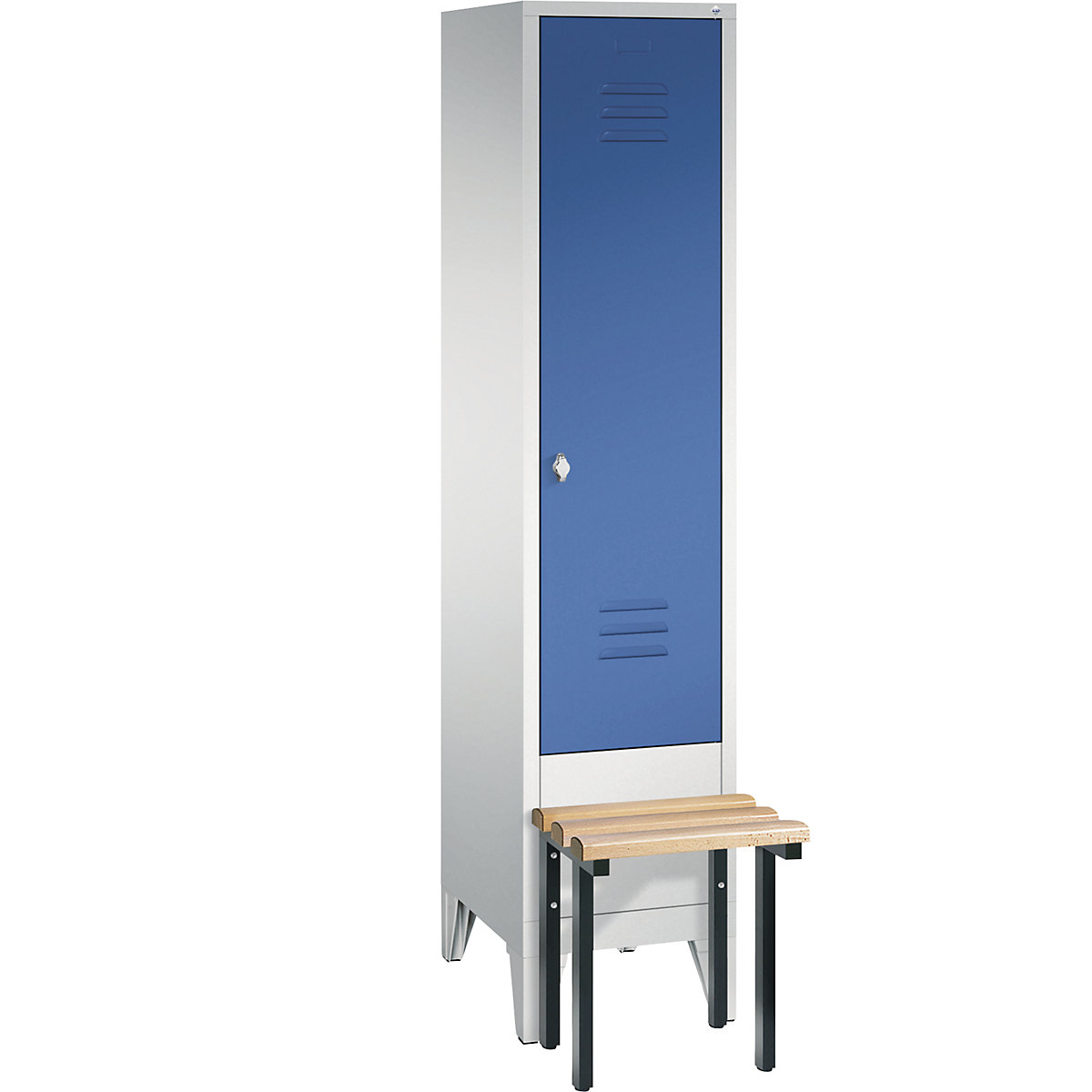 Šatní skříň CLASSIC s předsazenou lavicí – C+P, 1 oddíl, šířka oddílu 400 mm, světlá šedá / enciánová modrá-9