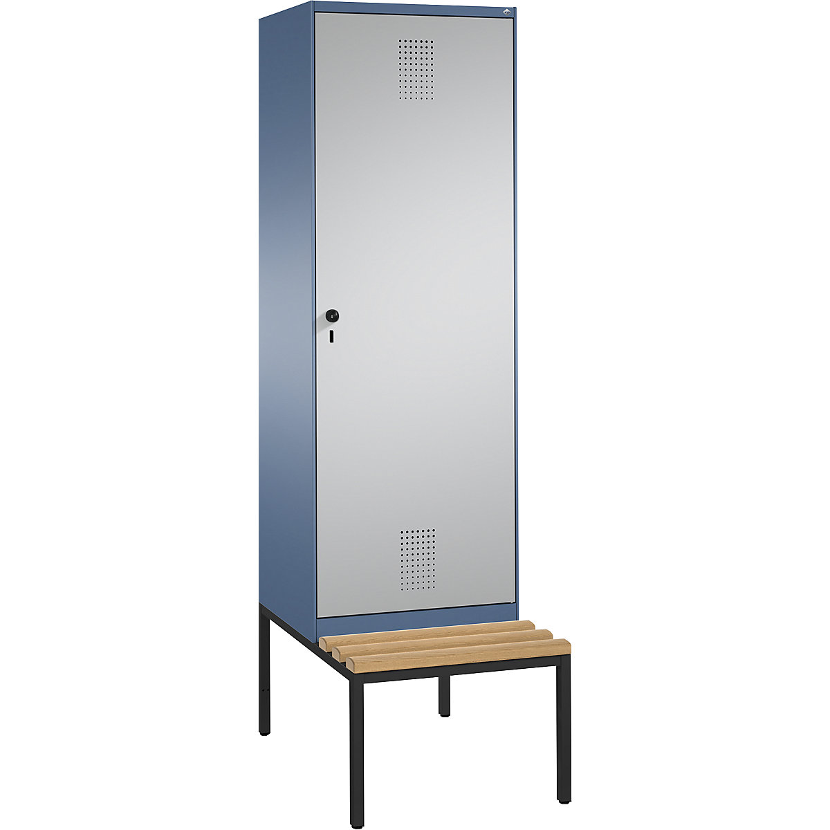 Šatní skříň s lavicí EVOLO s dveřmi přes 2 oddíly – C+P, 2 oddíly, 1 dveře, šířka oddílu 300 mm, modrošedá / bílý hliník-5