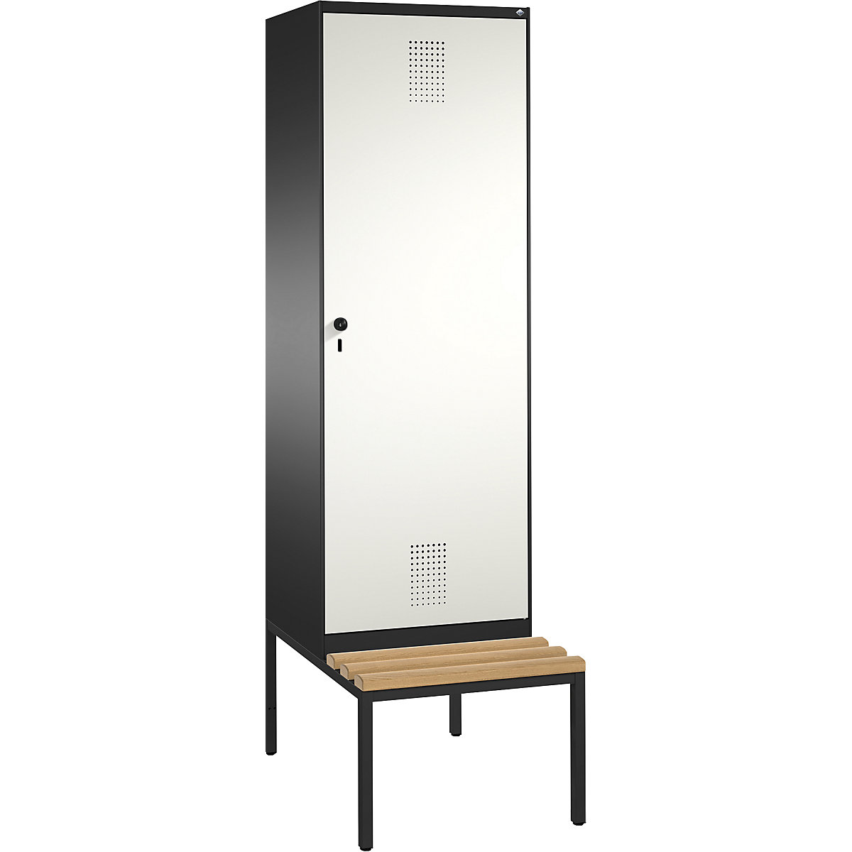 Šatní skříň s lavicí EVOLO s dveřmi přes 2 oddíly – C+P, 2 oddíly, 1 dveře, šířka oddílu 300 mm, černošedá / čistá bílá-16