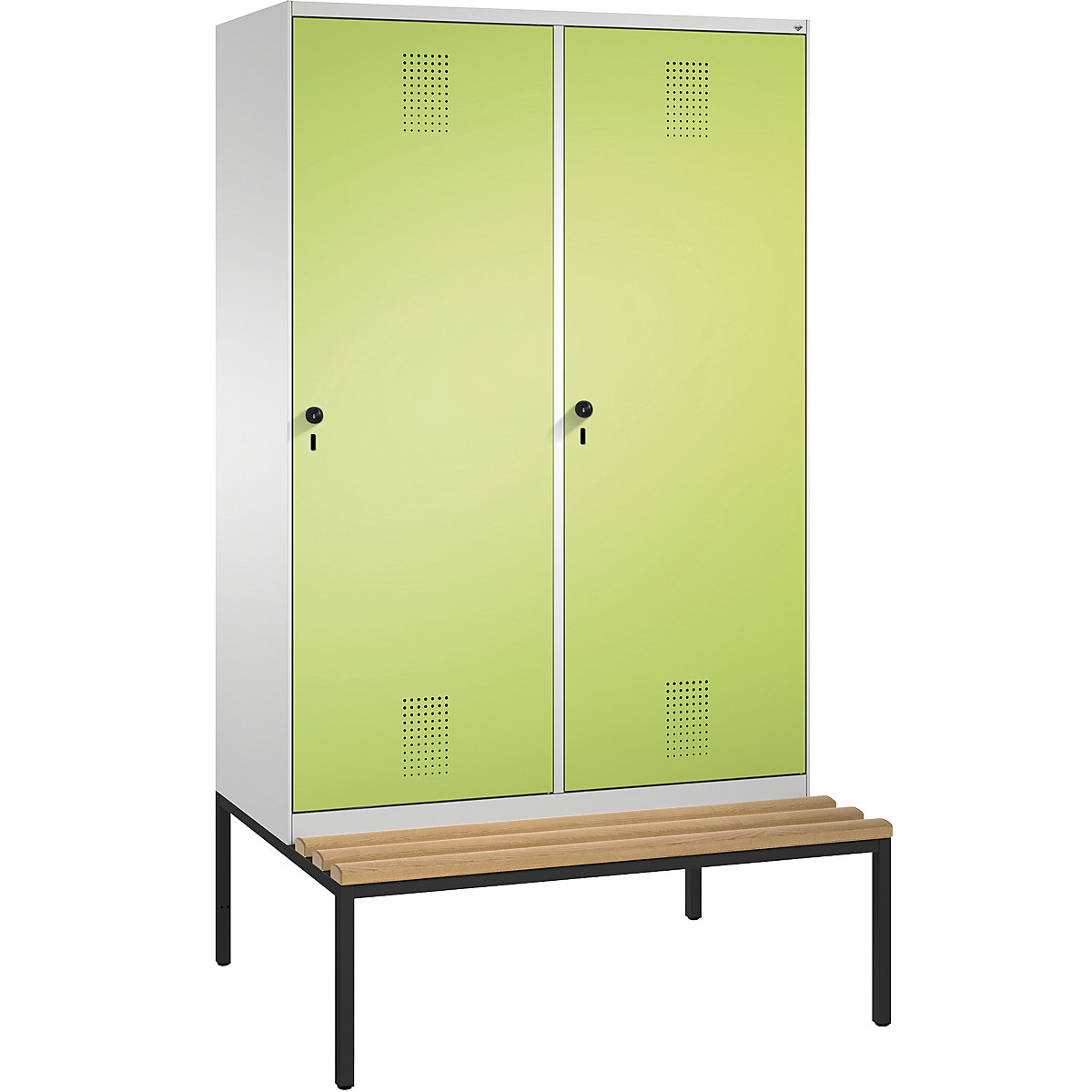 Šatní skříň s lavicí EVOLO s dveřmi přes 2 oddíly – C+P, 4 oddíly, 2 dveře, šířka oddílu 300 mm, světlá šedá / viridianová zelená-10