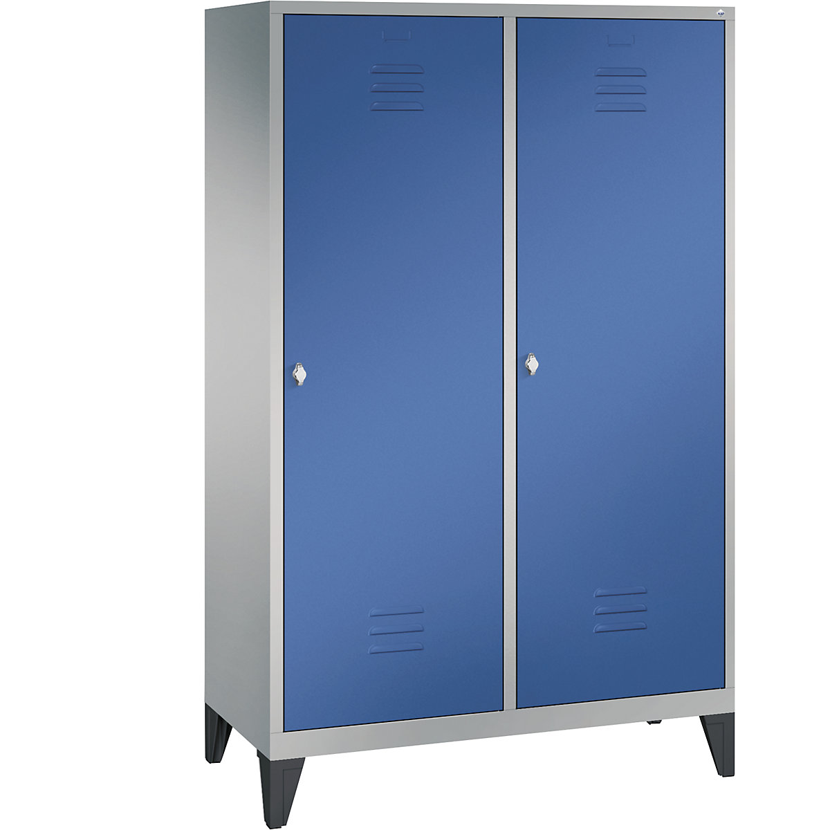 C+P – Šatní skříň s nohami CLASSIC s dveřmi přes 2 oddíly, 4 oddíly, šířka oddílu 300 mm, bílý hliník / enciánová modrá