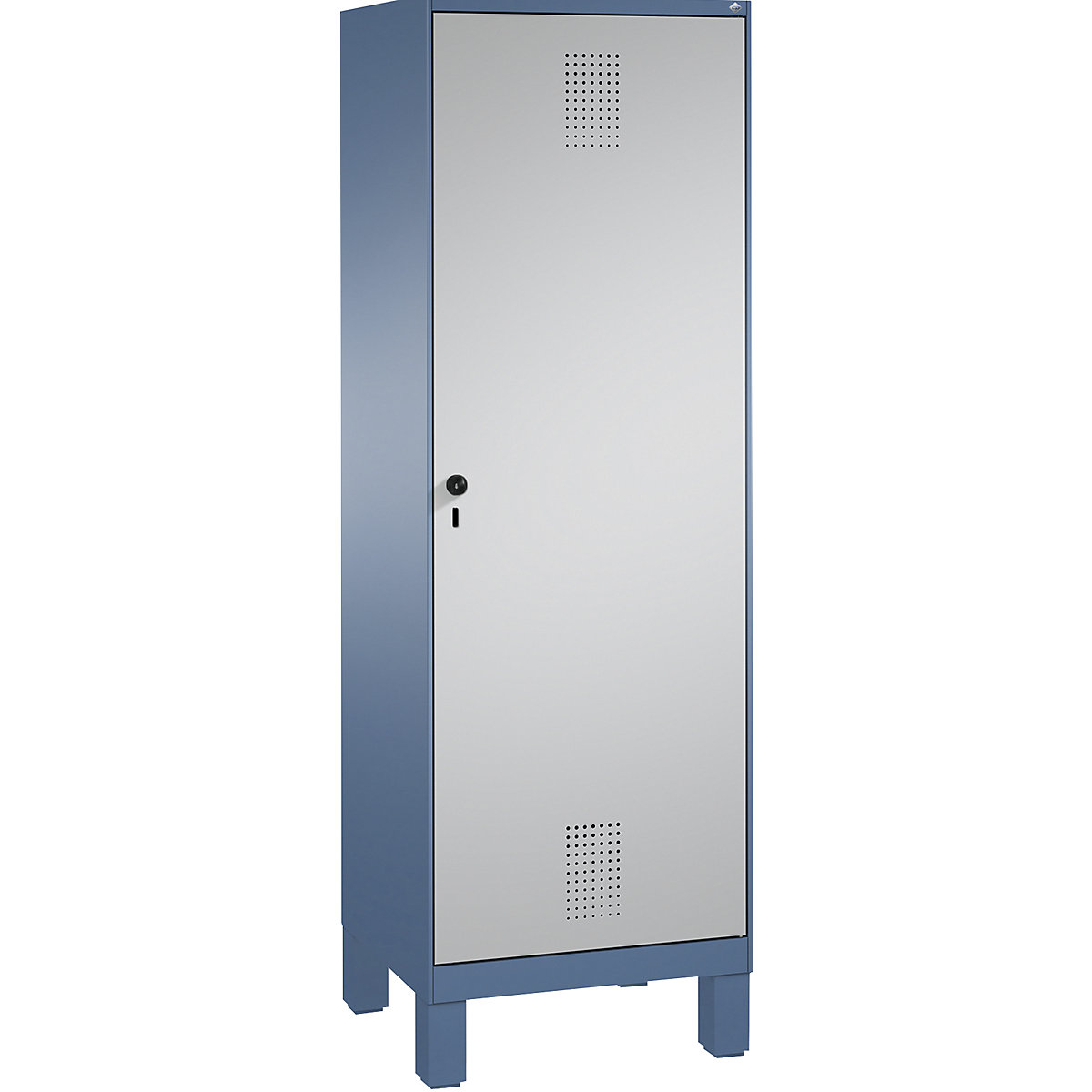 Šatní skříň s nohami EVOLO s dveřmi přes 2 oddíly – C+P, 2 oddíly, 1 dveře, šířka oddílu 300 mm, modrošedá / bílý hliník-4