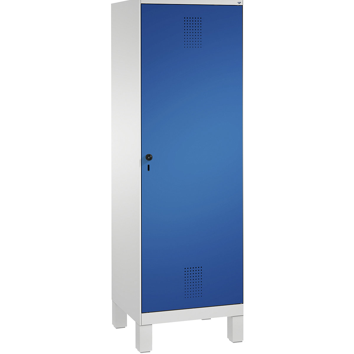 Šatní skříň s nohami EVOLO s dveřmi přes 2 oddíly – C+P, 2 oddíly, 1 dveře, šířka oddílu 300 mm, světlá šedá / enciánová modrá-9