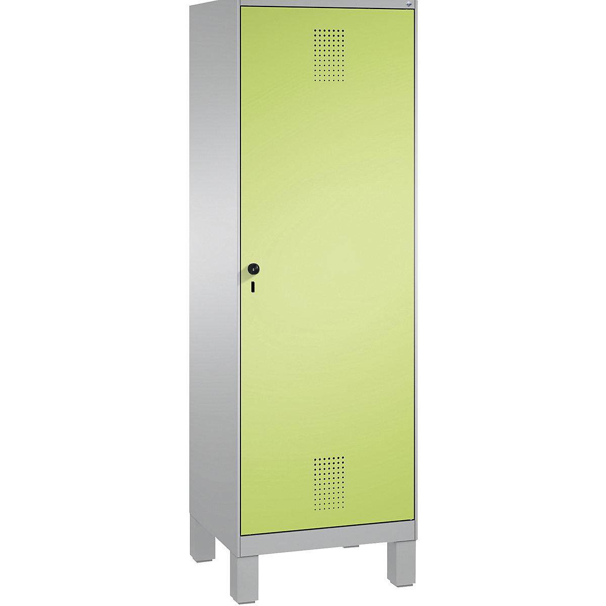 Šatní skříň s nohami EVOLO s dveřmi přes 2 oddíly – C+P, 2 oddíly, 1 dveře, šířka oddílu 300 mm, bílý hliník / viridianová zelená-13