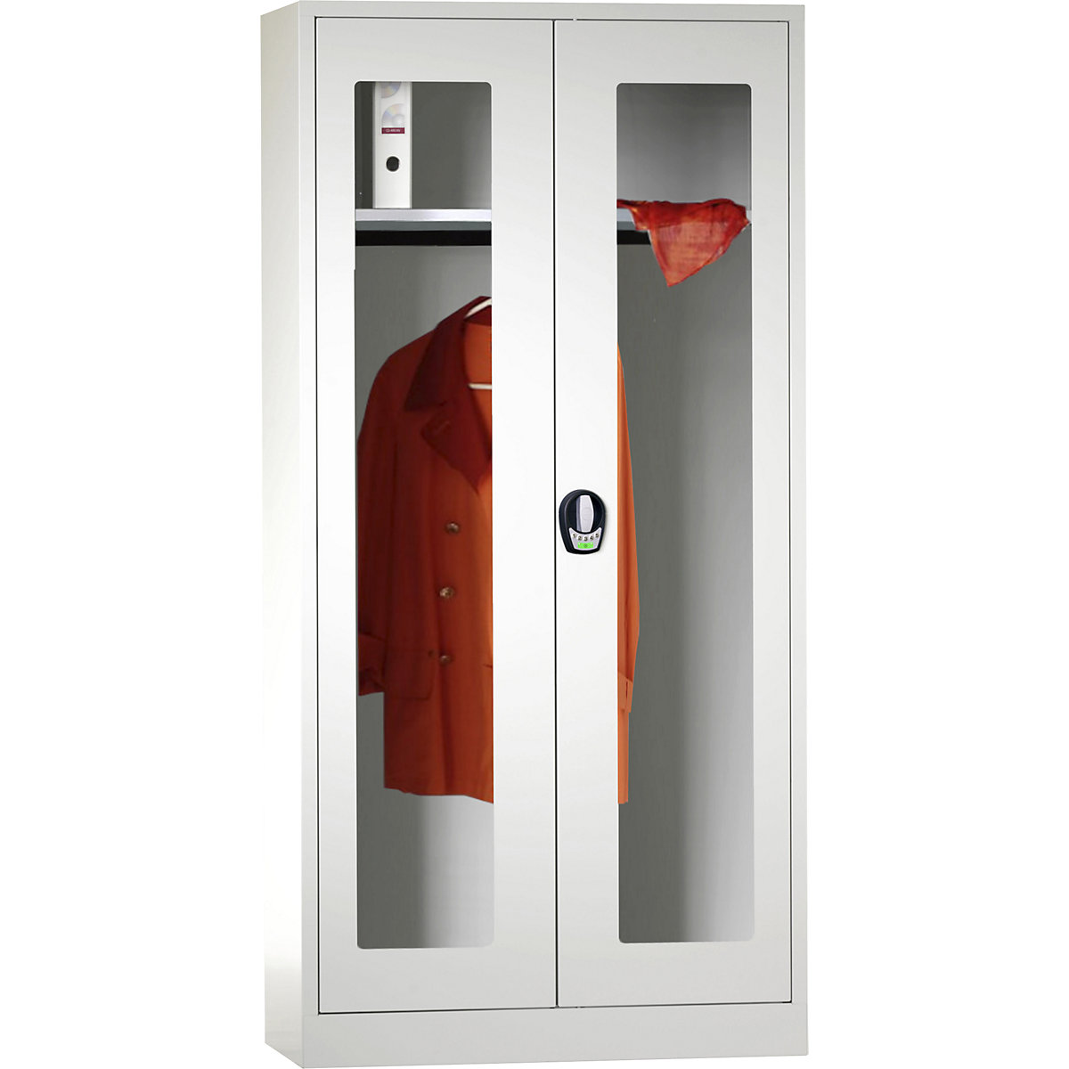 Šatní skříň s otočnými dveřmi s elektronickým zámkem – Wolf, s dveřmi s okénkem, světlá šedá / světlá šedá